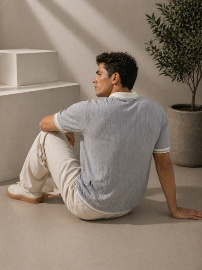 Men's Contrast Collar Ribbed Knit Polo T-Shirt â€“ Light Grey