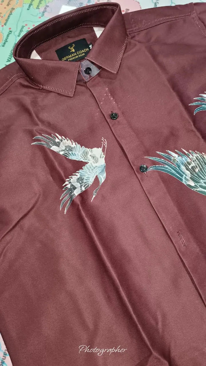 Elegant Maroon Shirt With Blue Crane/bird Embroidery