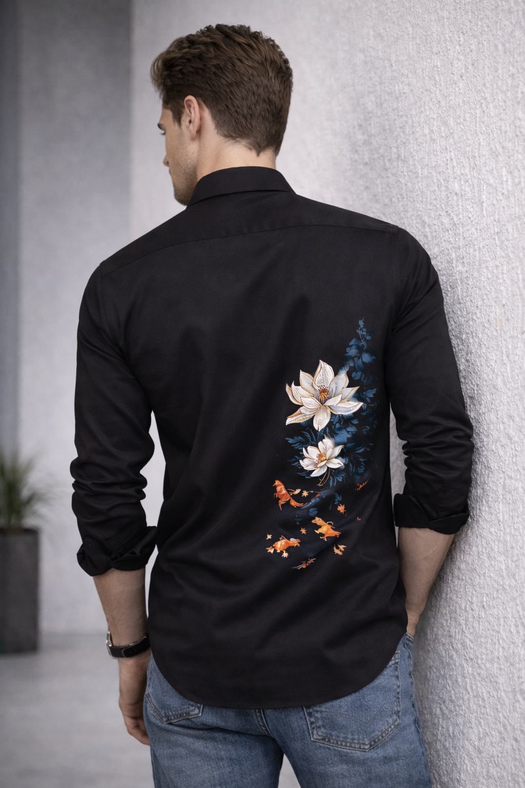 Zen Black Shirt With Artistic Lotus Flower & Monk Print