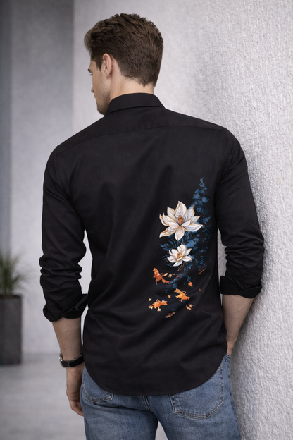 Zen Black Shirt With Artistic Lotus Flower & Monk Print