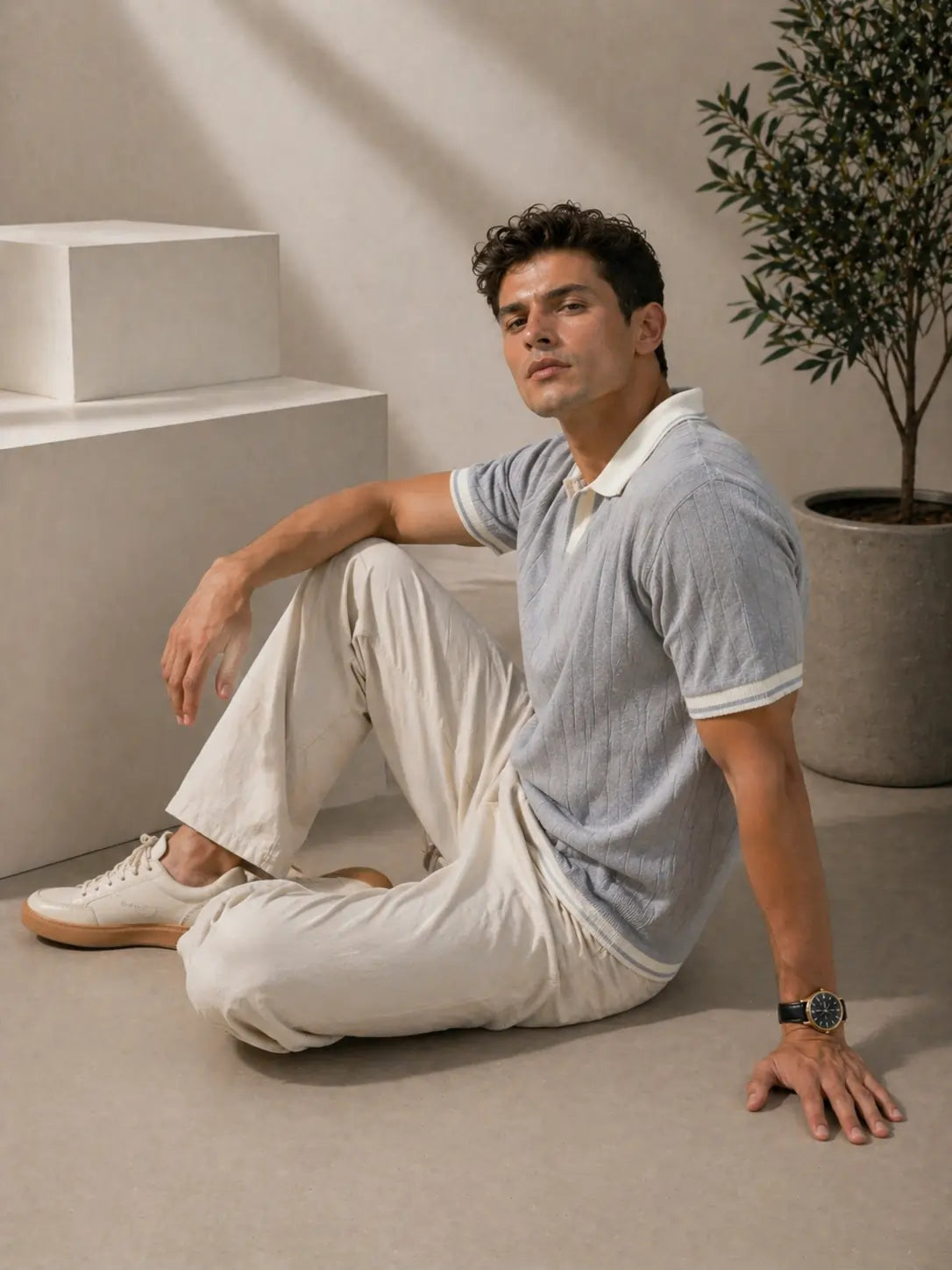 Men's Contrast Collar Ribbed Knit Polo T-Shirt â€“ Light Grey