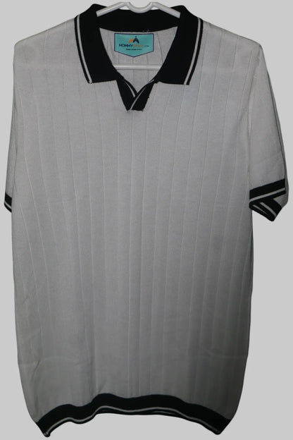 Men's Contrast Collar Ribbed Knit Polo T-Shirt â€“  White