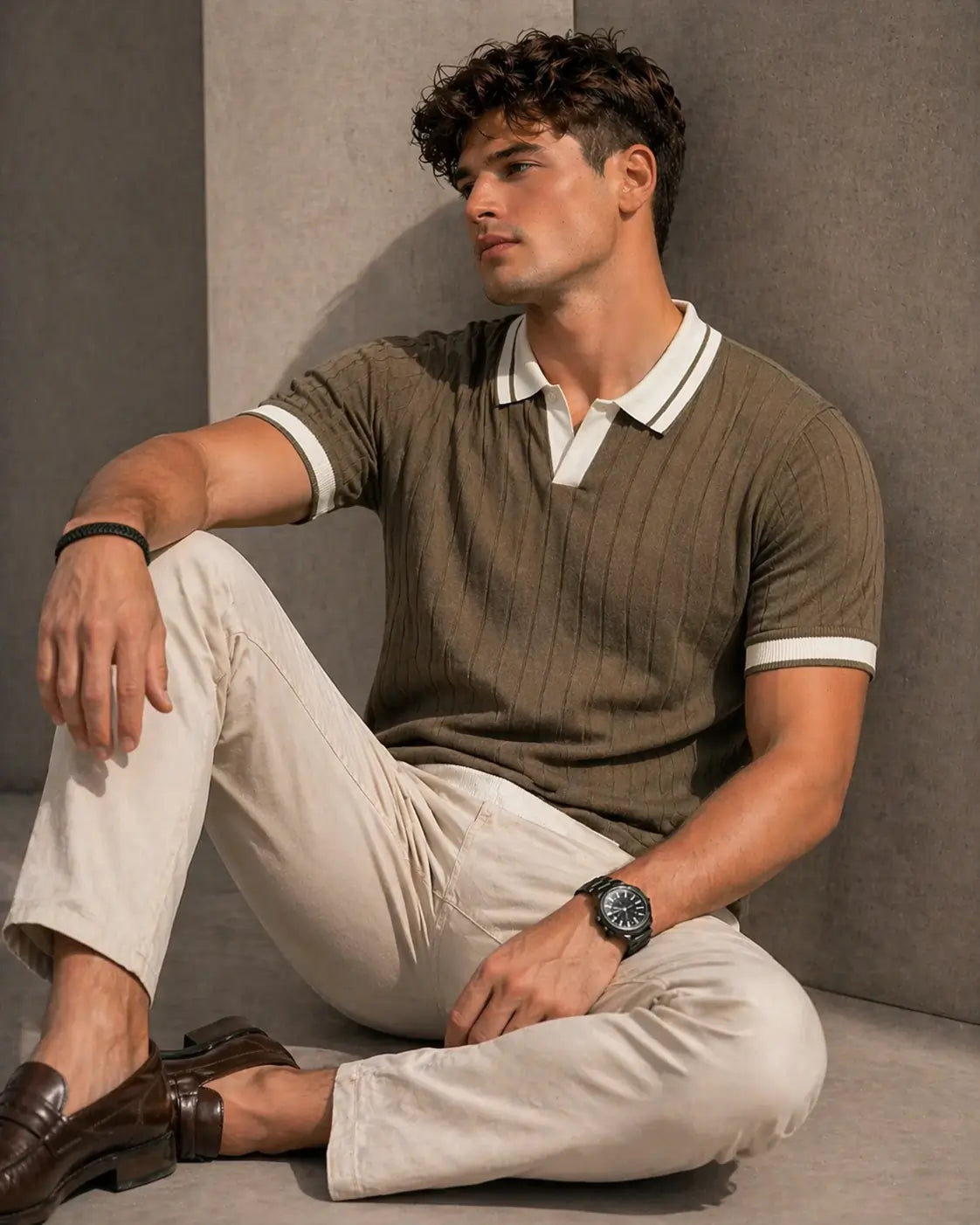 Men's Contrast Collar Ribbed Knit Polo T-Shirt