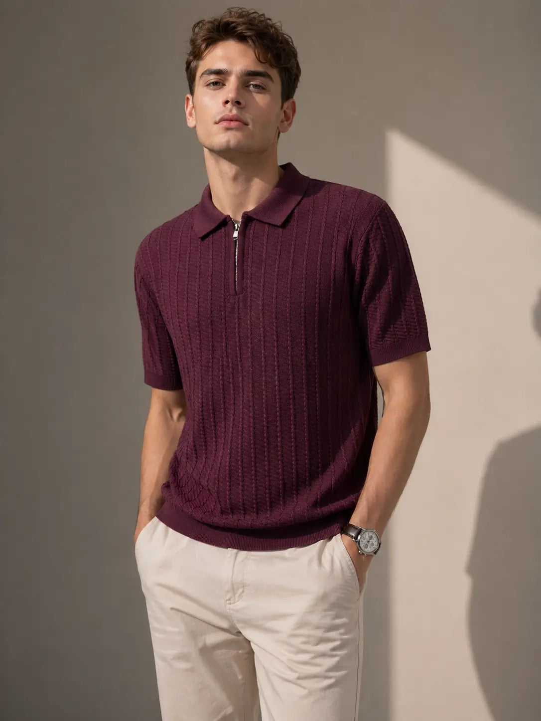 Menâ€™s Textured Zip Polo Knit Shirt