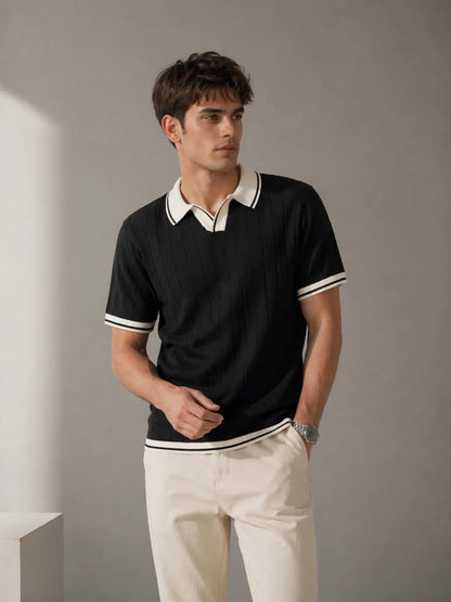 Men's Contrast Collar Ribbed Knit Polo T-Shirt â€“ Black