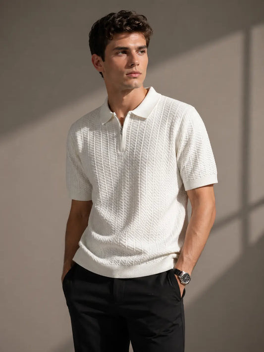 Menâ€™s Textured Zip Polo Knit Shirt