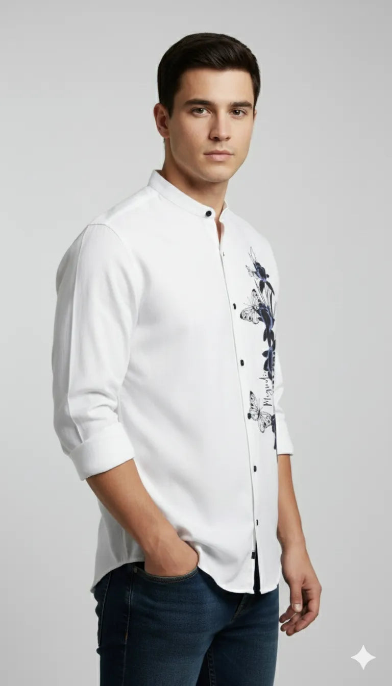 Butterfly Graphic Mandarin Collar Shirt