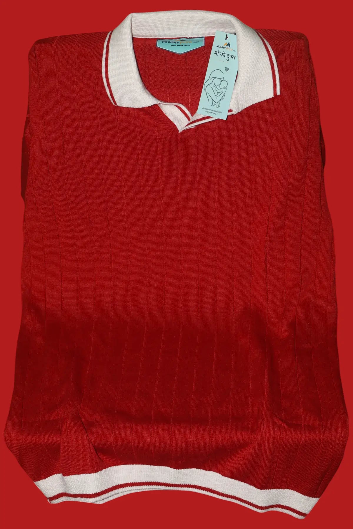 Men's Contrast Collar Ribbed Knit Polo T-Shirt â€“ Red