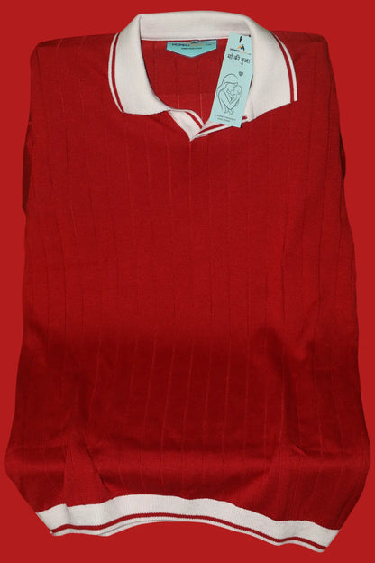 Men's Contrast Collar Ribbed Knit Polo T-Shirt â€“ Red