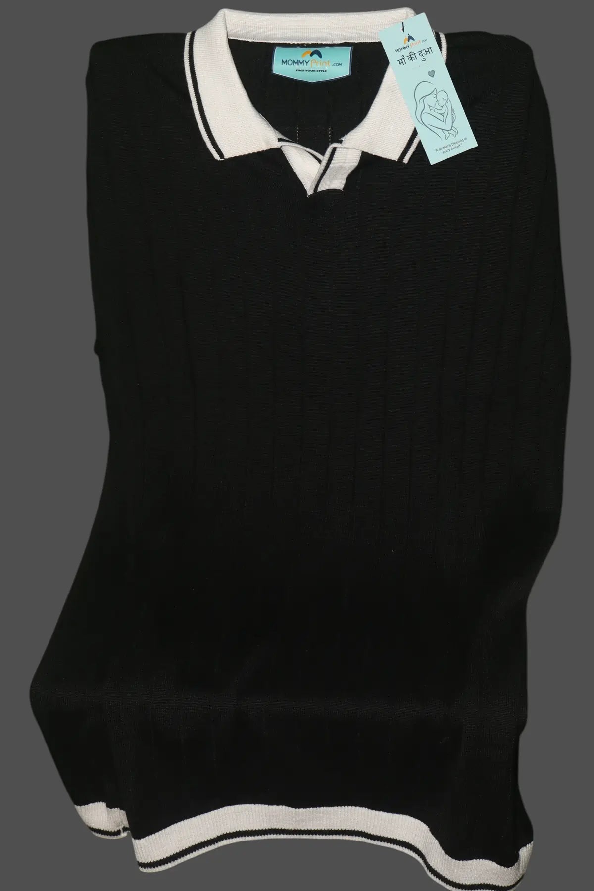 Men's Contrast Collar Ribbed Knit Polo T-Shirt â€“ Black