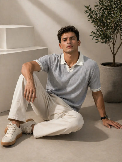 Men's Contrast Collar Ribbed Knit Polo T-Shirt â€“ Light Grey