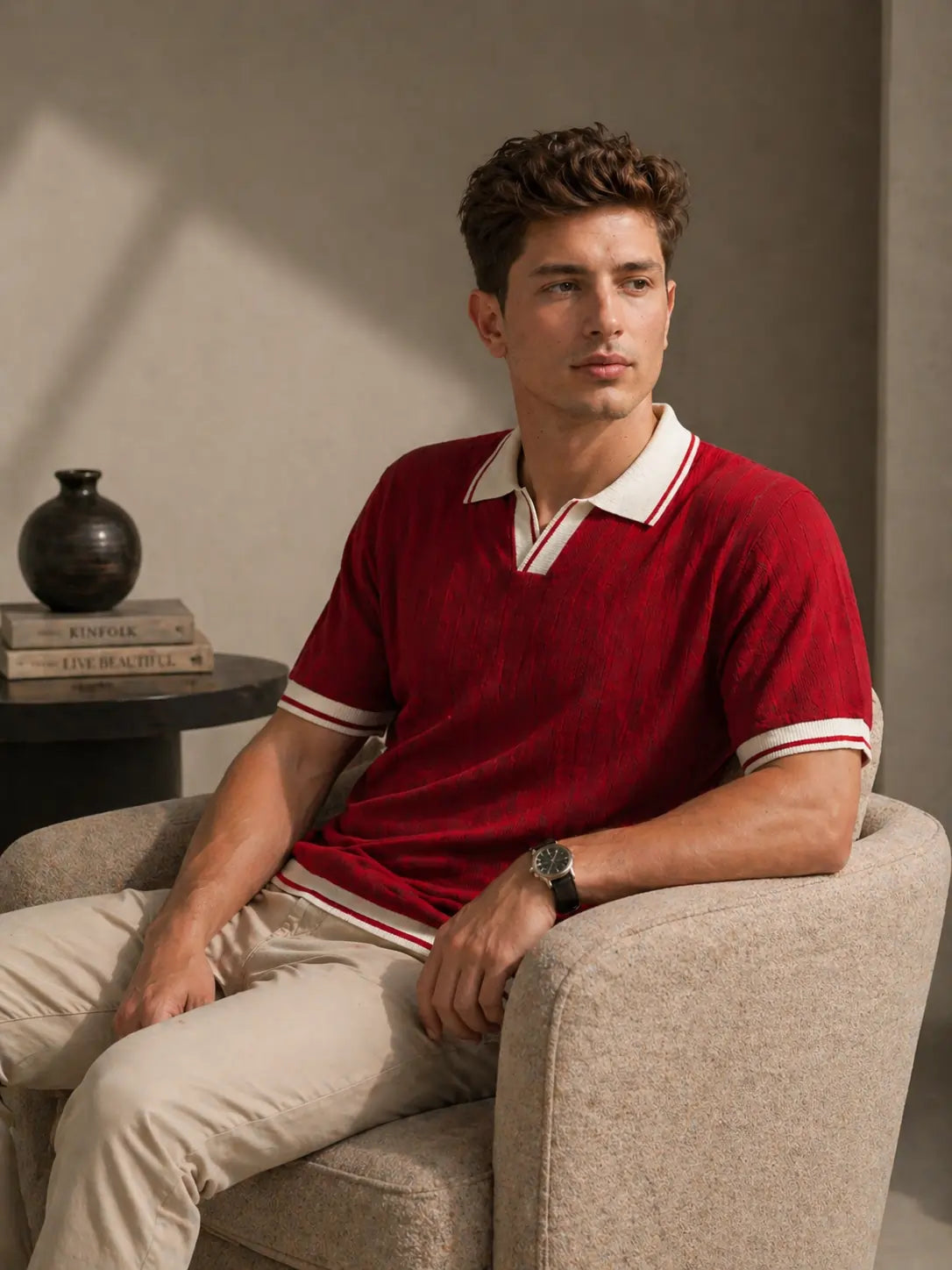 Men's Contrast Collar Ribbed Knit Polo T-Shirt â€“ Red