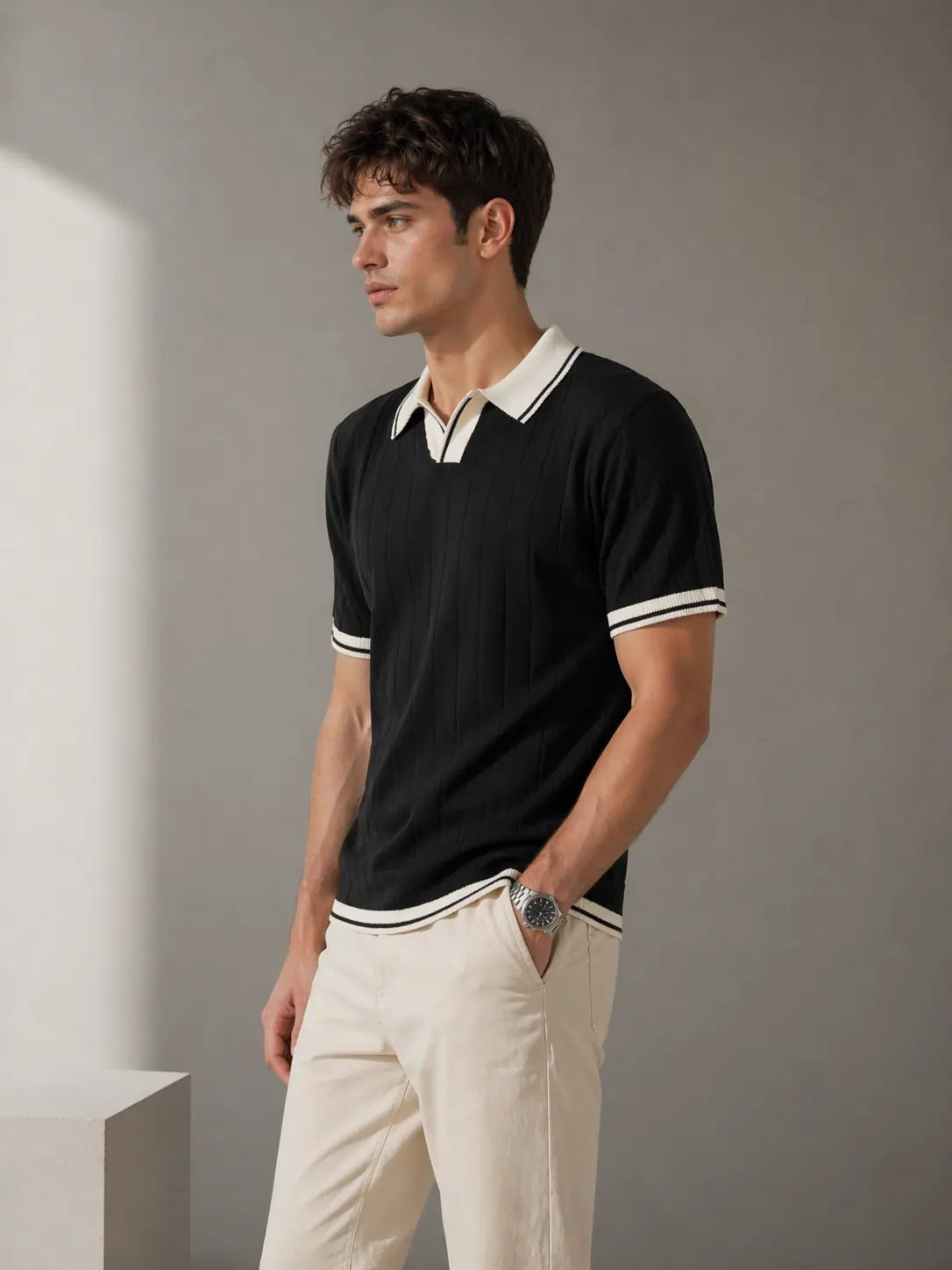 Men's Contrast Collar Ribbed Knit Polo T-Shirt â€“ Black
