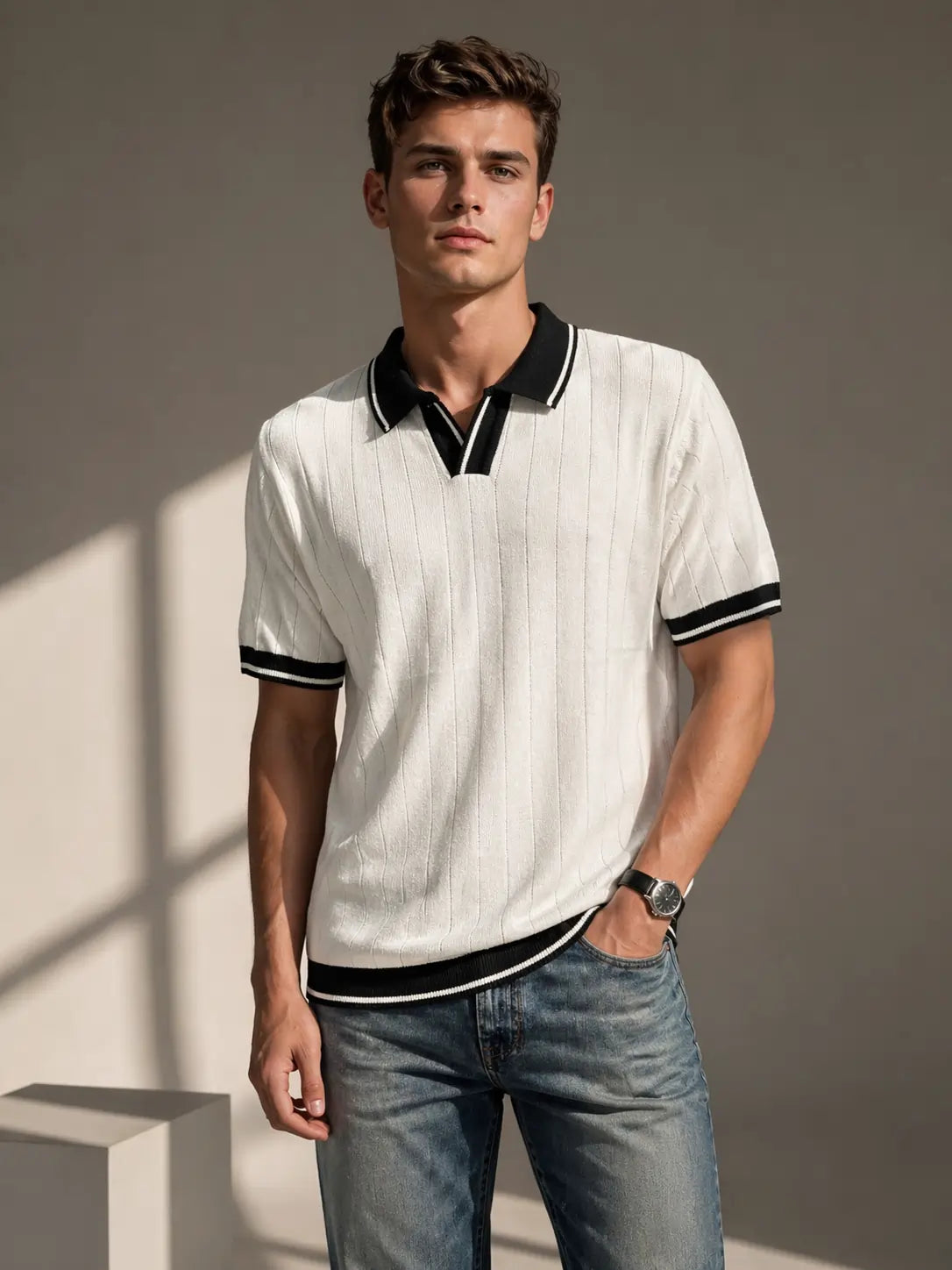 Men's Contrast Collar Ribbed Knit Polo T-Shirt â€“  White