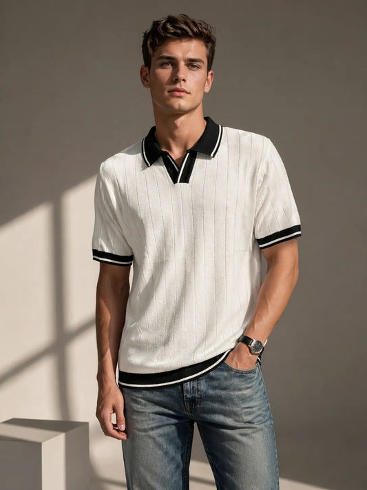 Men's Contrast Collar Ribbed Knit Polo T-Shirt â€“  White