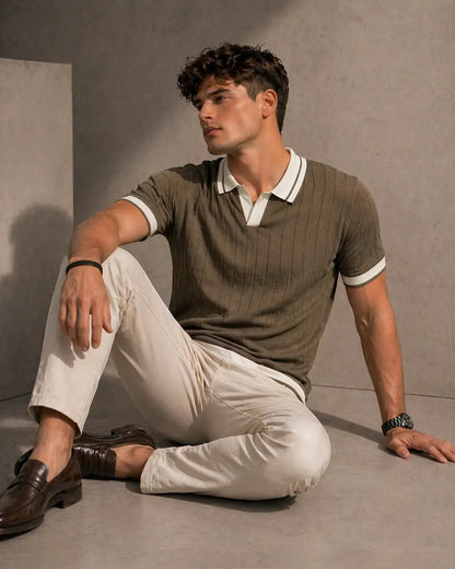Men's Contrast Collar Ribbed Knit Polo T-Shirt
