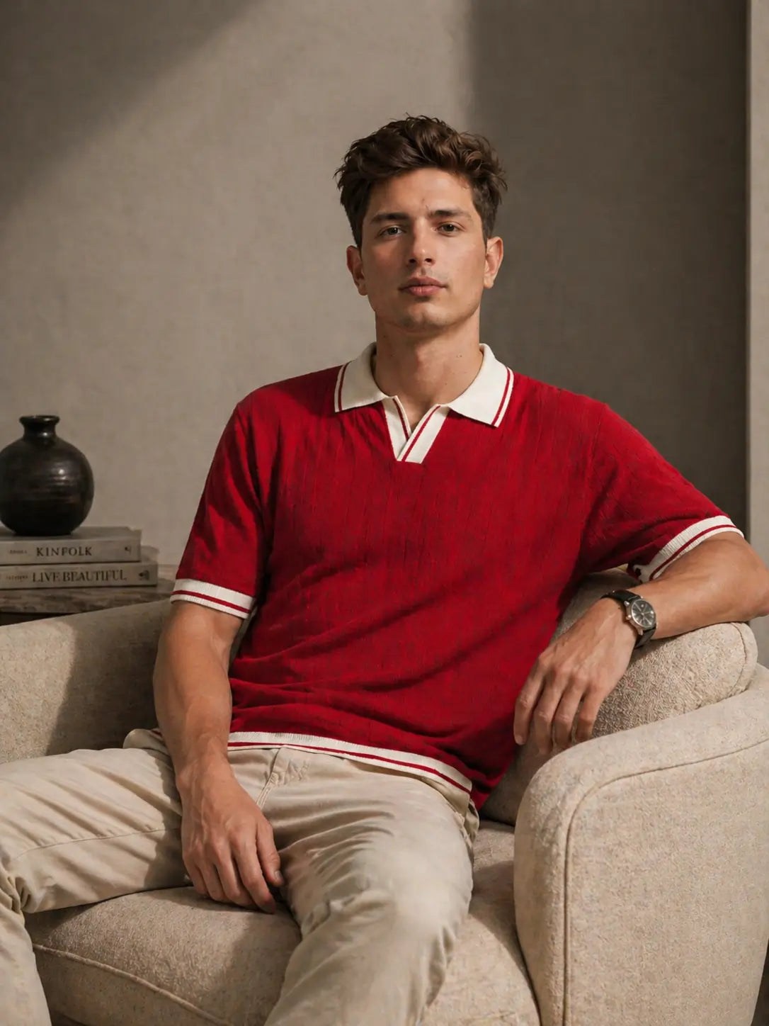 Men's Contrast Collar Ribbed Knit Polo T-Shirt â€“ Red