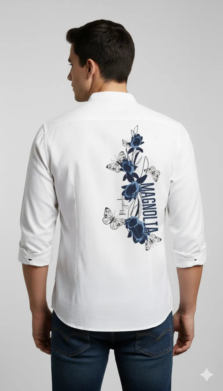 Butterfly Graphic Mandarin Collar Shirt