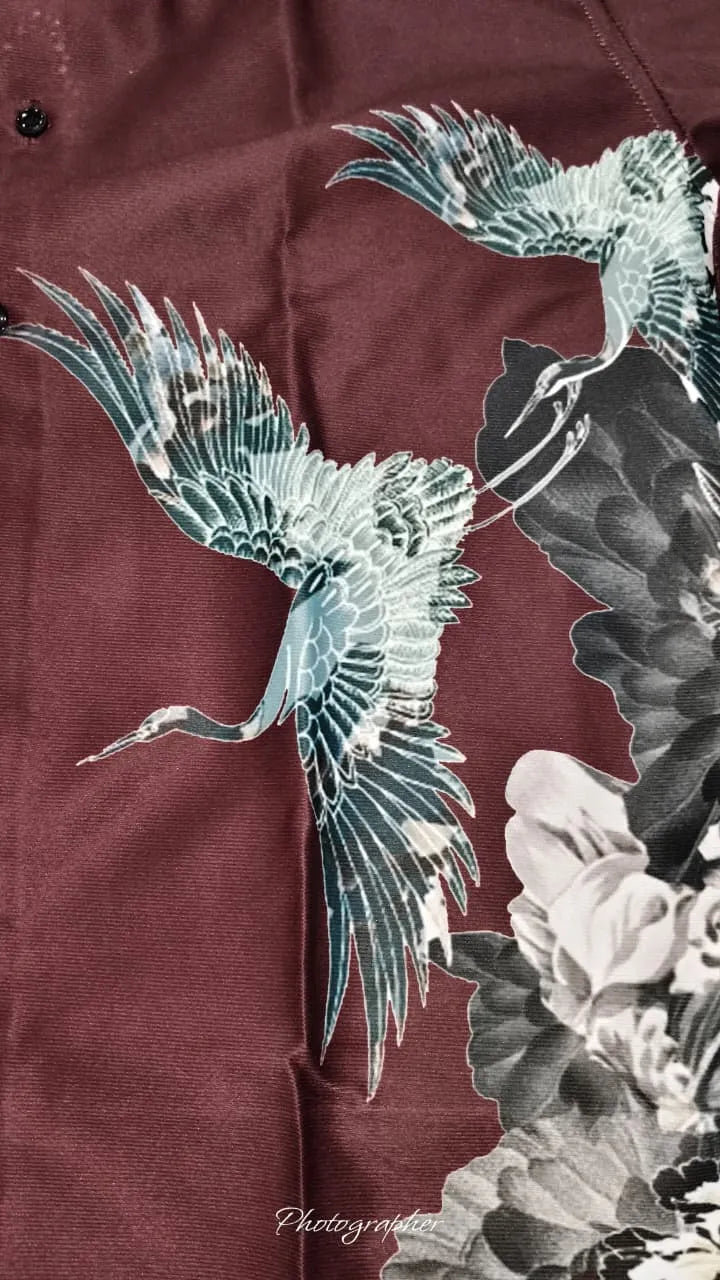 Elegant Maroon Shirt With Blue Crane/bird Embroidery