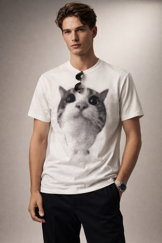 White Graphic T-Shirt – Cat Print