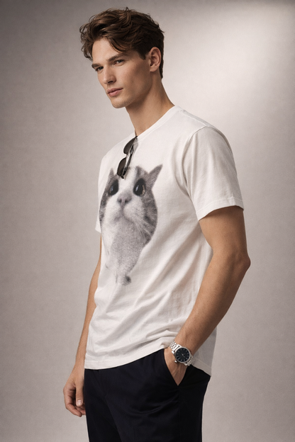 White Graphic T-Shirt – Cat Print