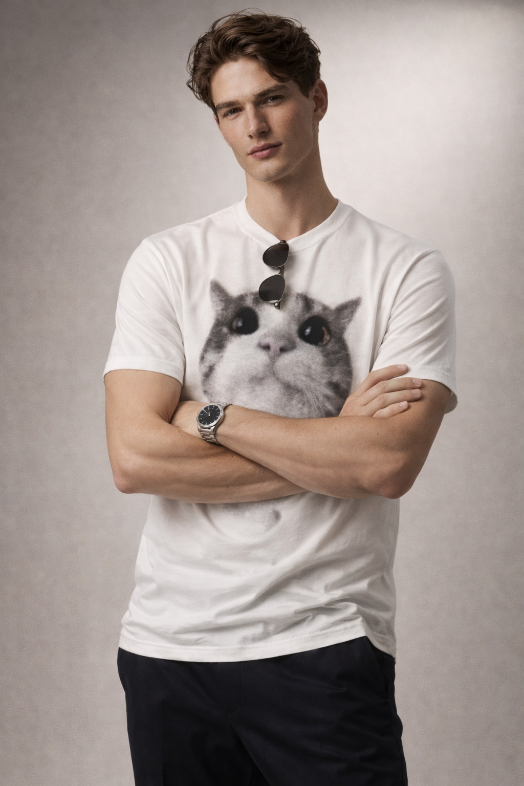 White Graphic T-Shirt – Cat Print