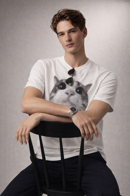 White Graphic T-Shirt – Cat Print