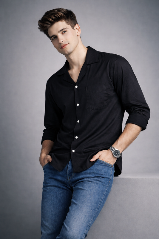 Pure Cotton Casual Black Shirt