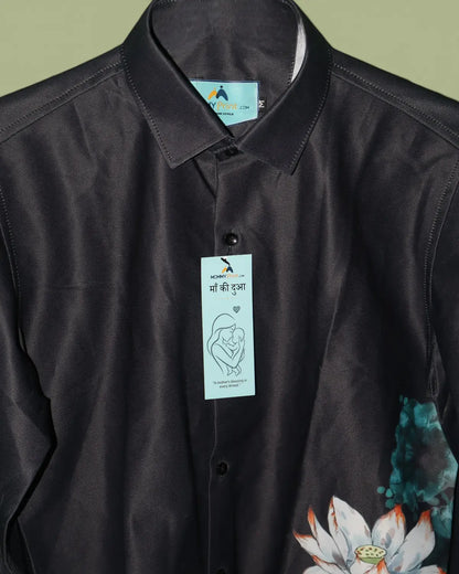 Zen Black Shirt With Artistic Lotus Flower & Monk Print