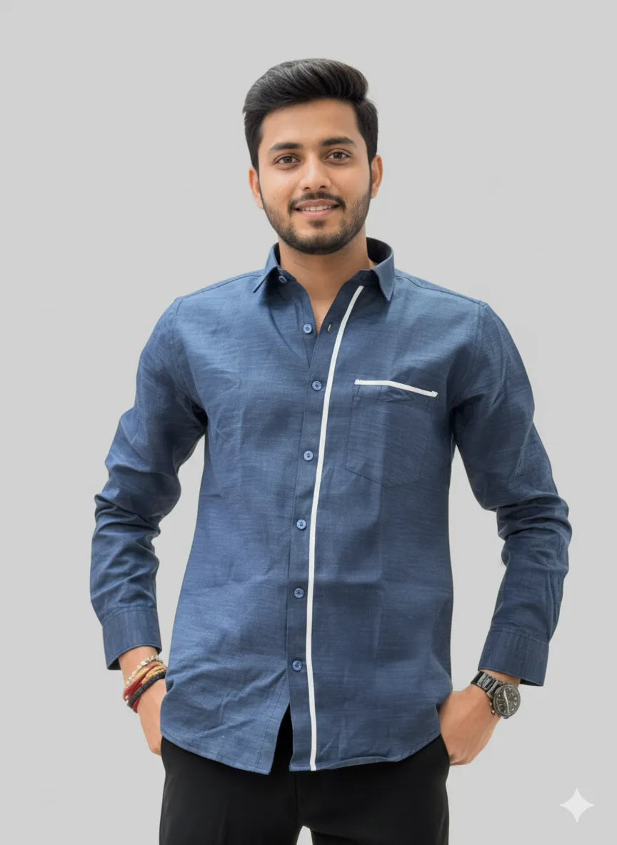 Deep Indigo Blue Slub Cotton Full-sleeve Casual Shirt