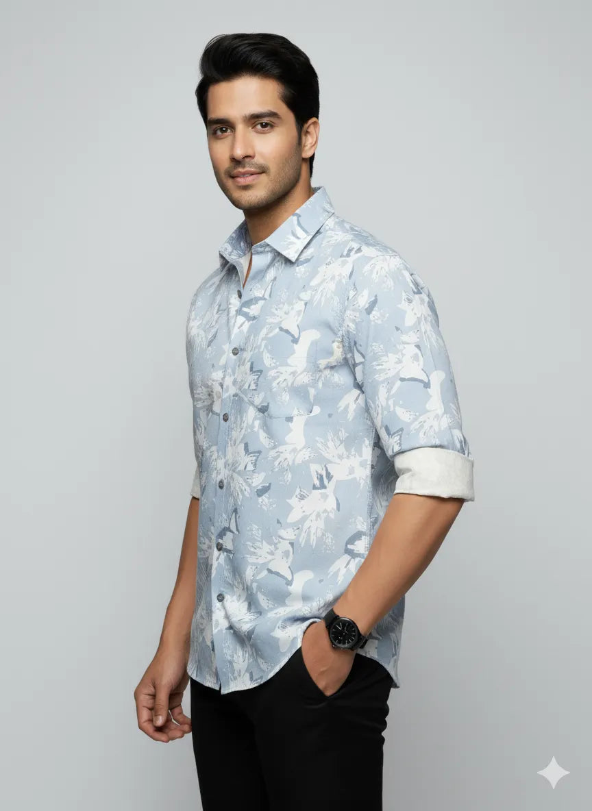 The Light Blue Printed Cotton Blend Shirt