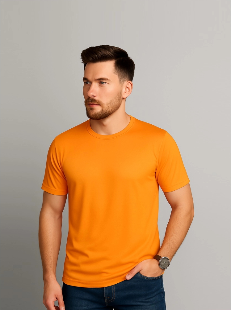Polyester Dark Orange Plain T Shirts For Men