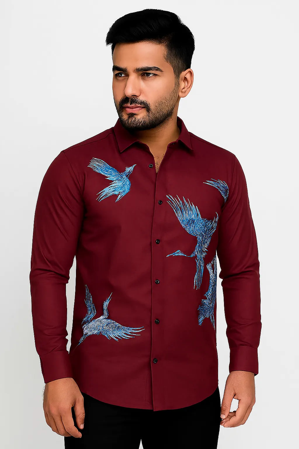 Elegant Maroon Shirt With Blue Crane/bird Embroidery