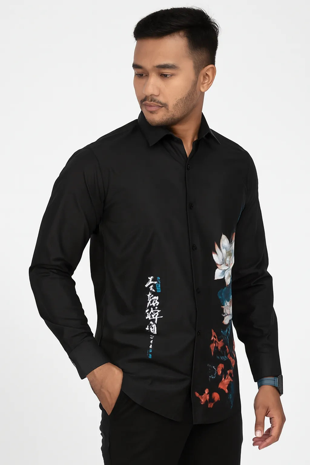 Zen Black Shirt With Artistic Lotus Flower & Monk Print
