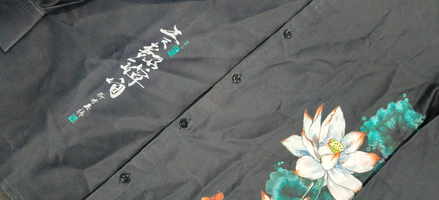 Zen Black Shirt With Artistic Lotus Flower & Monk Print