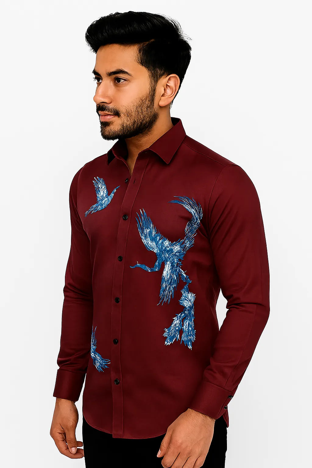 Elegant Maroon Shirt With Blue Crane/bird Embroidery