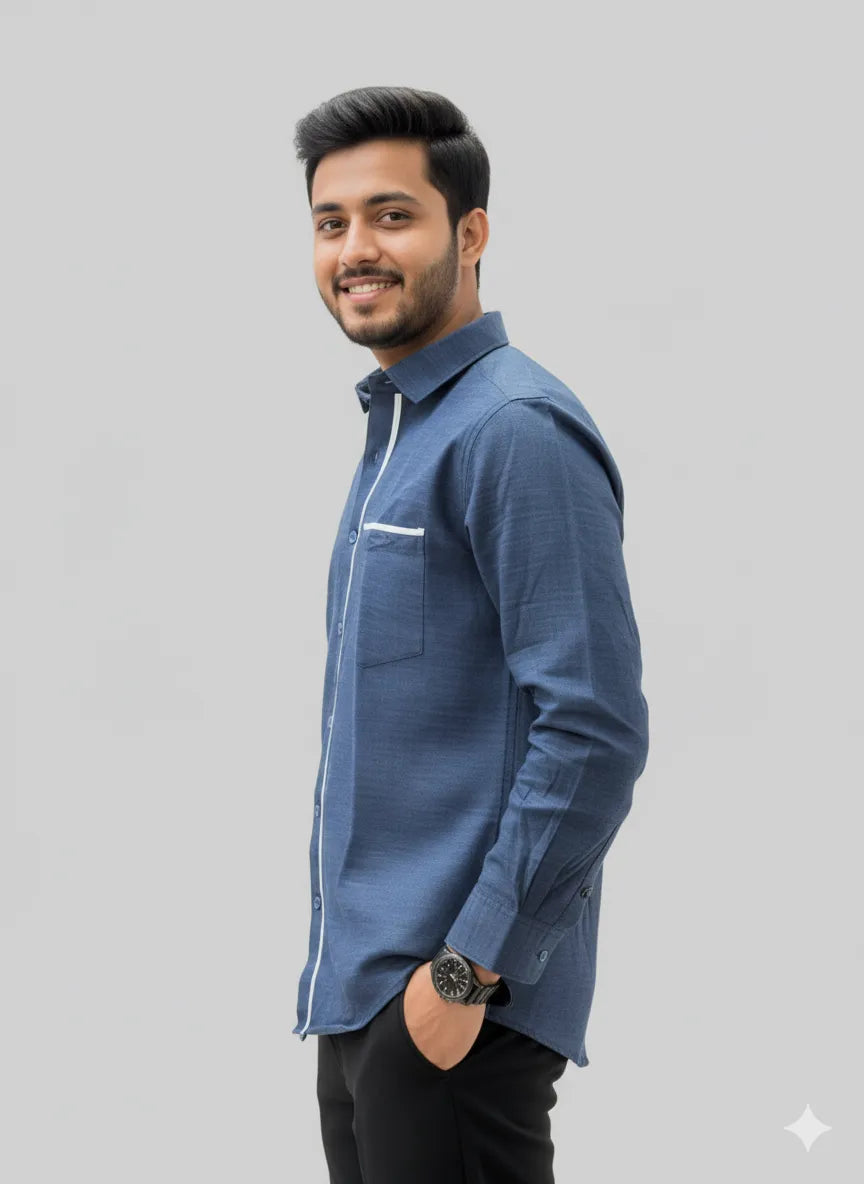 Deep Indigo Blue Slub Cotton Full-sleeve Casual Shirt