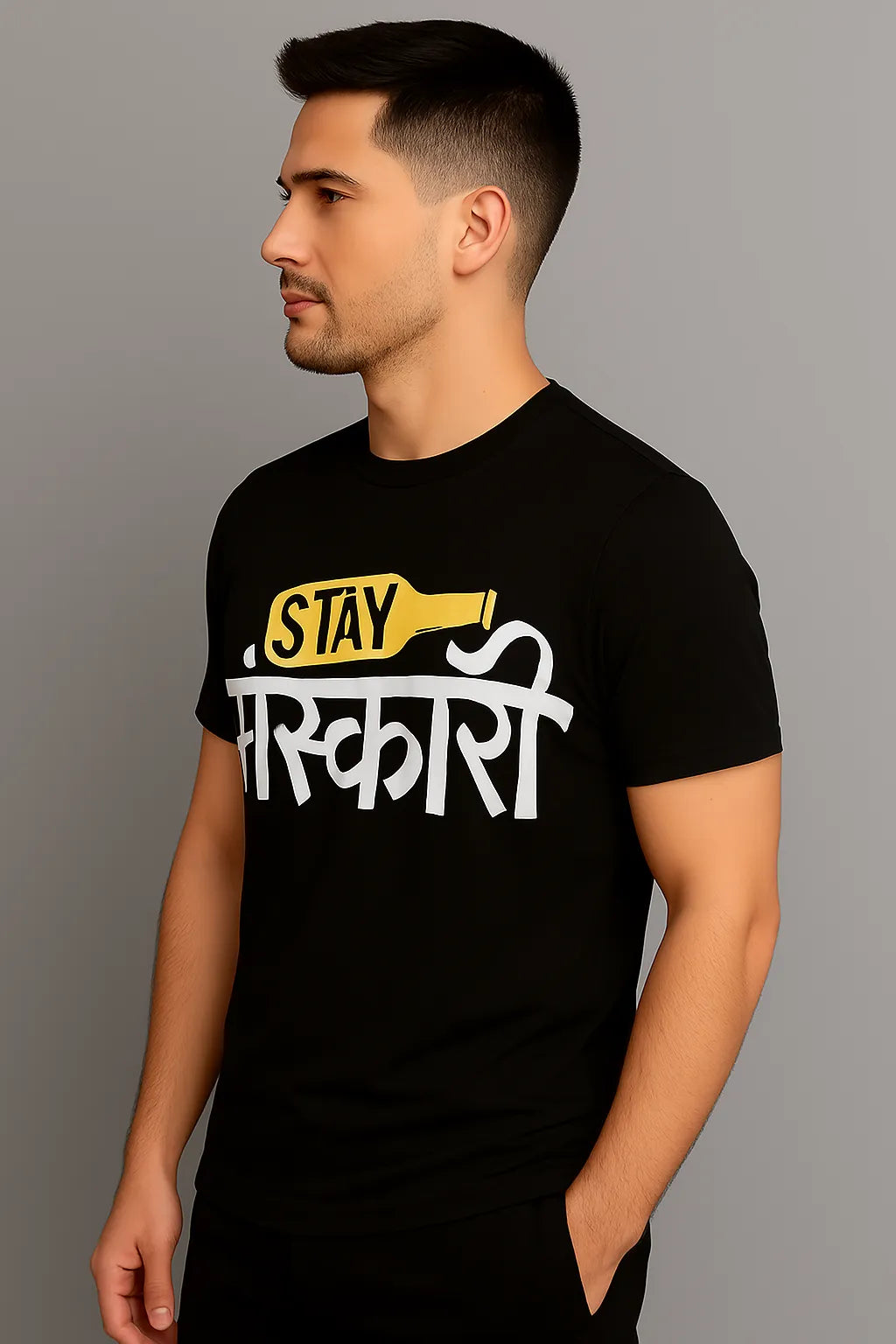 Stay Sanskari Prints Round Neck T-shirts