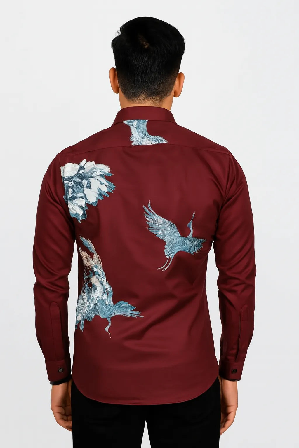 Elegant Maroon Shirt With Blue Crane/bird Embroidery