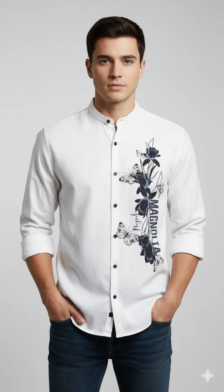 Butterfly Graphic Mandarin Collar Shirt