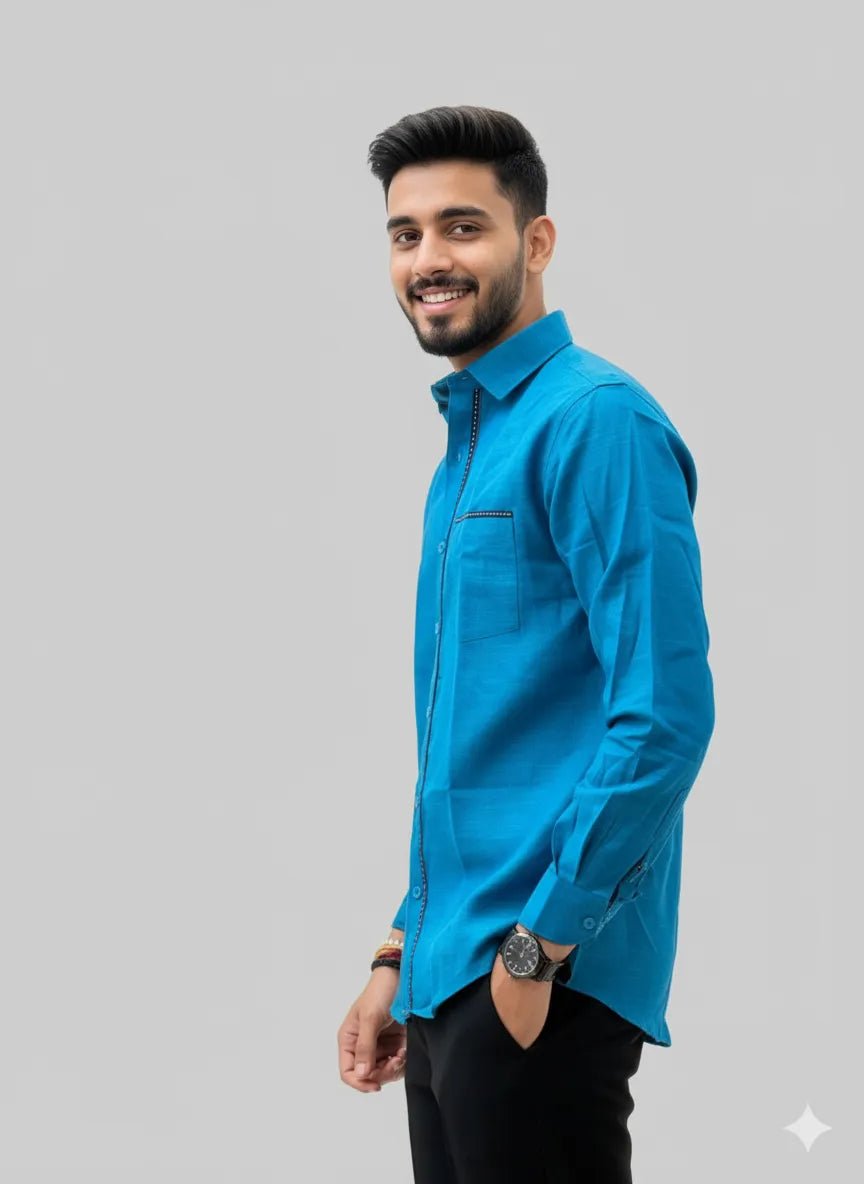 Product Description: Azure Blue Slub Cotton Full-sleeve Casual Shirt