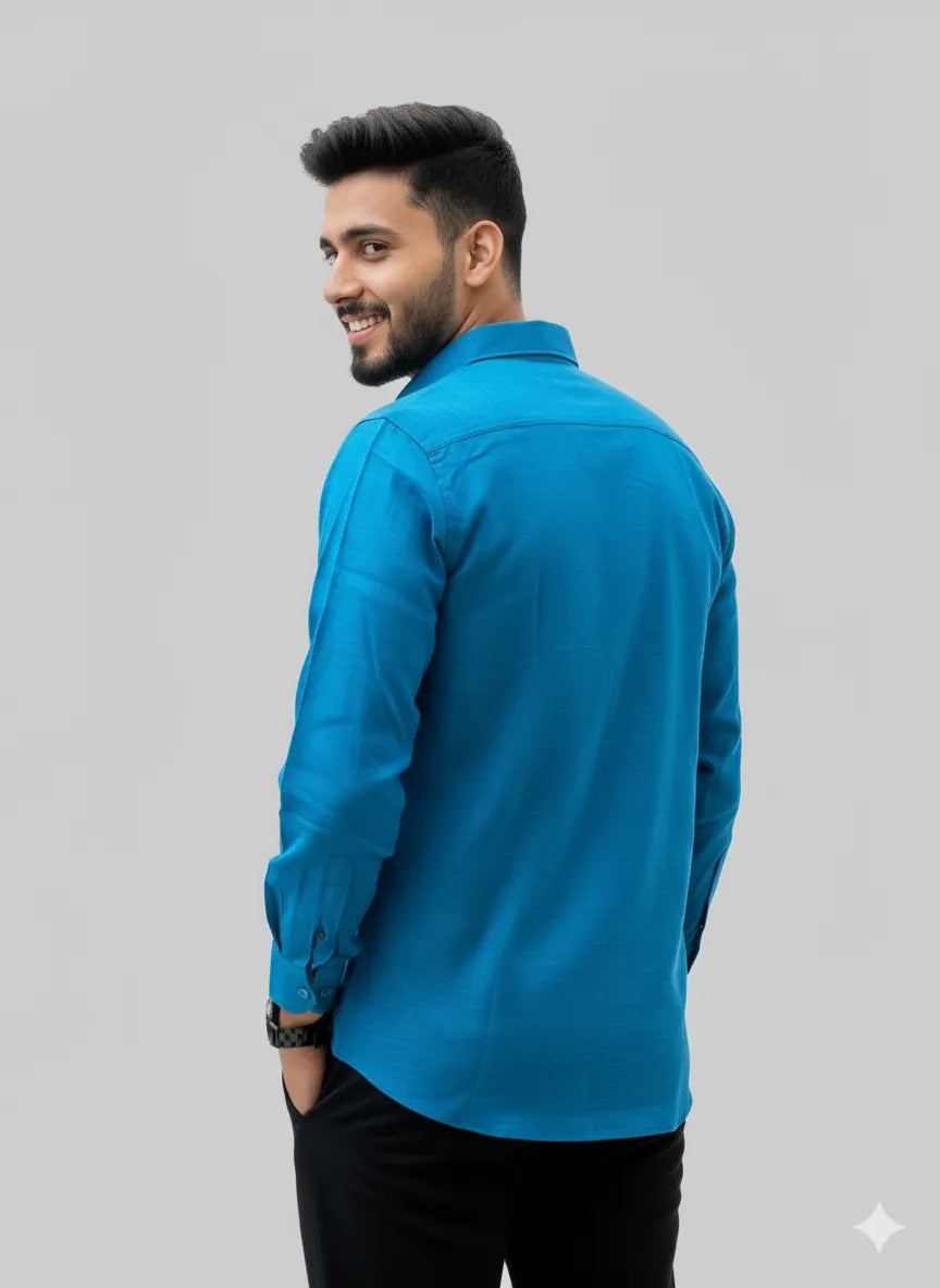 Product Description: Azure Blue Slub Cotton Full-sleeve Casual Shirt