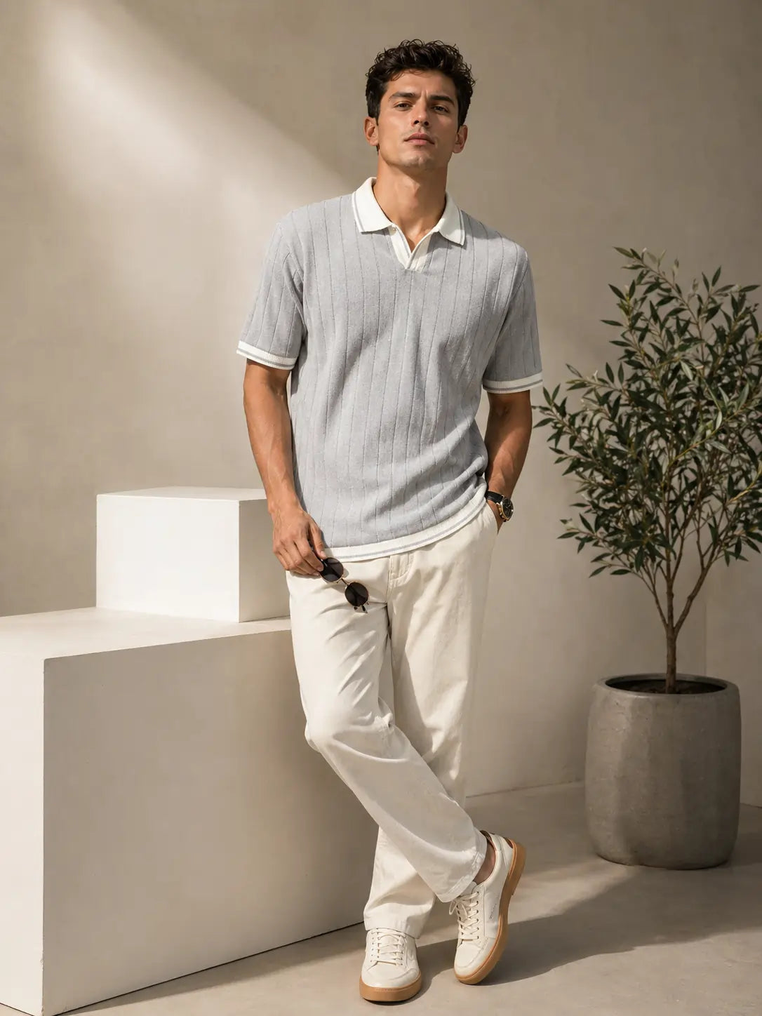 Men's Contrast Collar Ribbed Knit Polo T-Shirt â€“ Light Grey