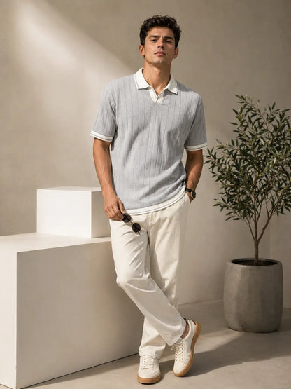 Men's Contrast Collar Ribbed Knit Polo T-Shirt â€“ Light Grey