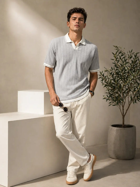 Men's Contrast Collar Ribbed Knit Polo T-Shirt â€“ Light Grey