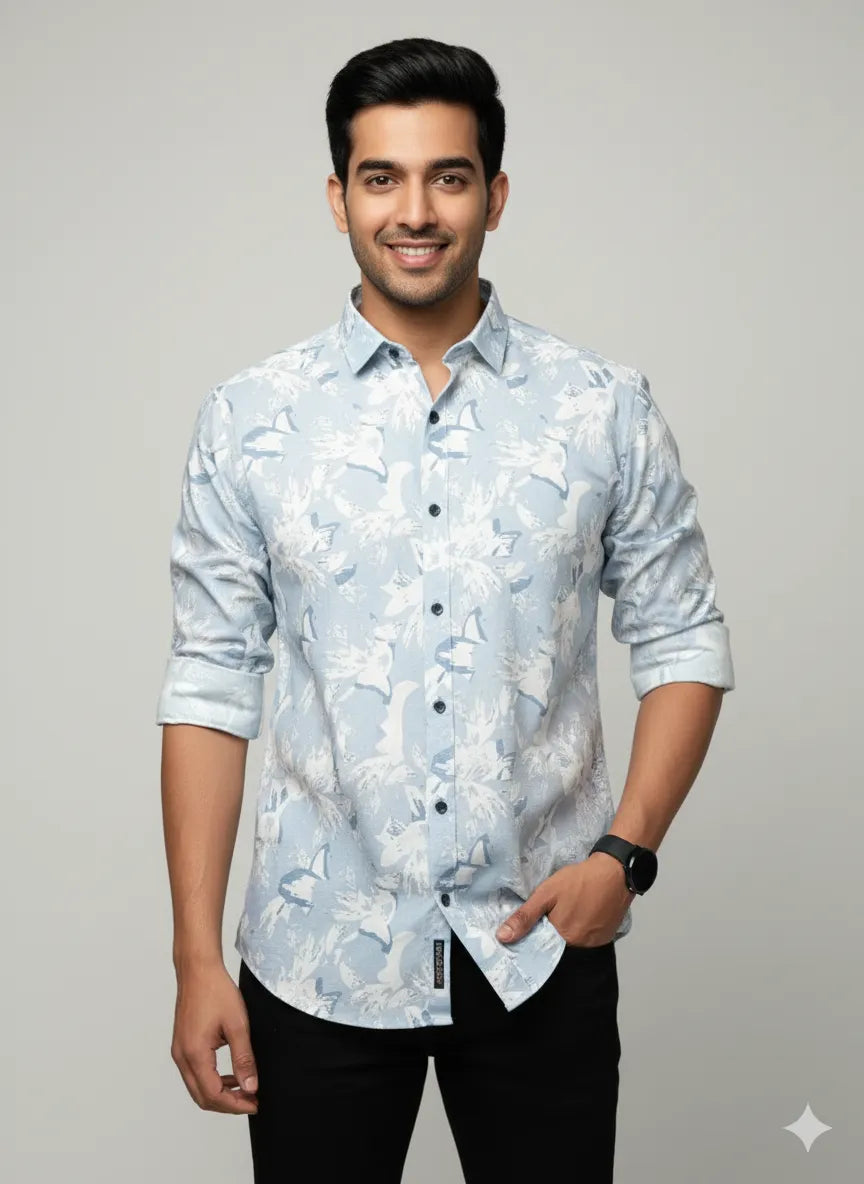 The Light Blue Printed Cotton Blend Shirt